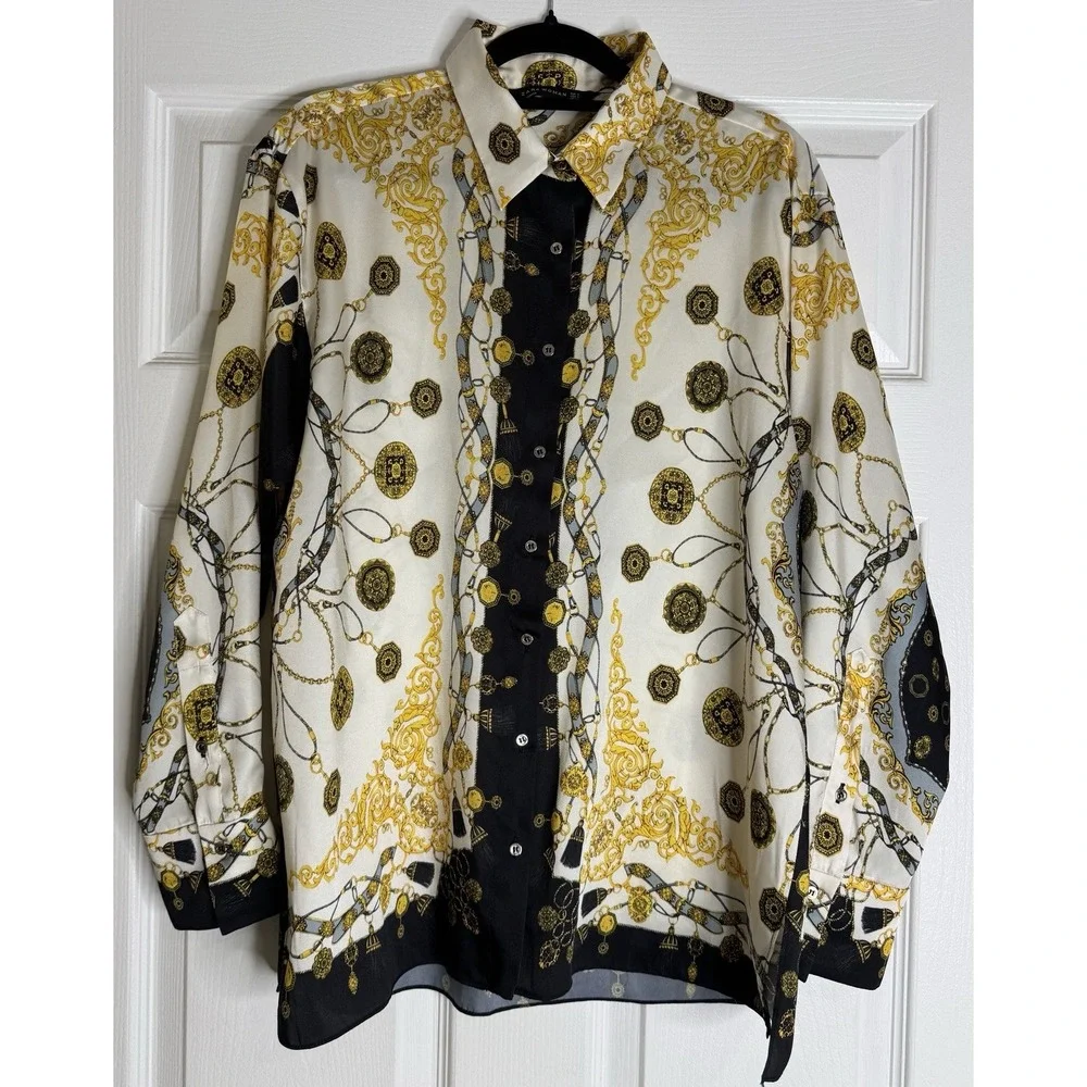 Zara Woman Ecru Chain Scarf Print Button Down Blouse Sz S - Picture 4 of 11